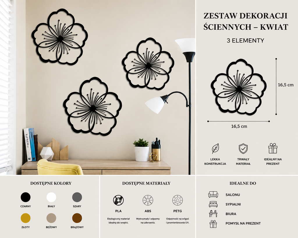 Zestaw dekoracji ściennych – Kwiaty (3 elementy)