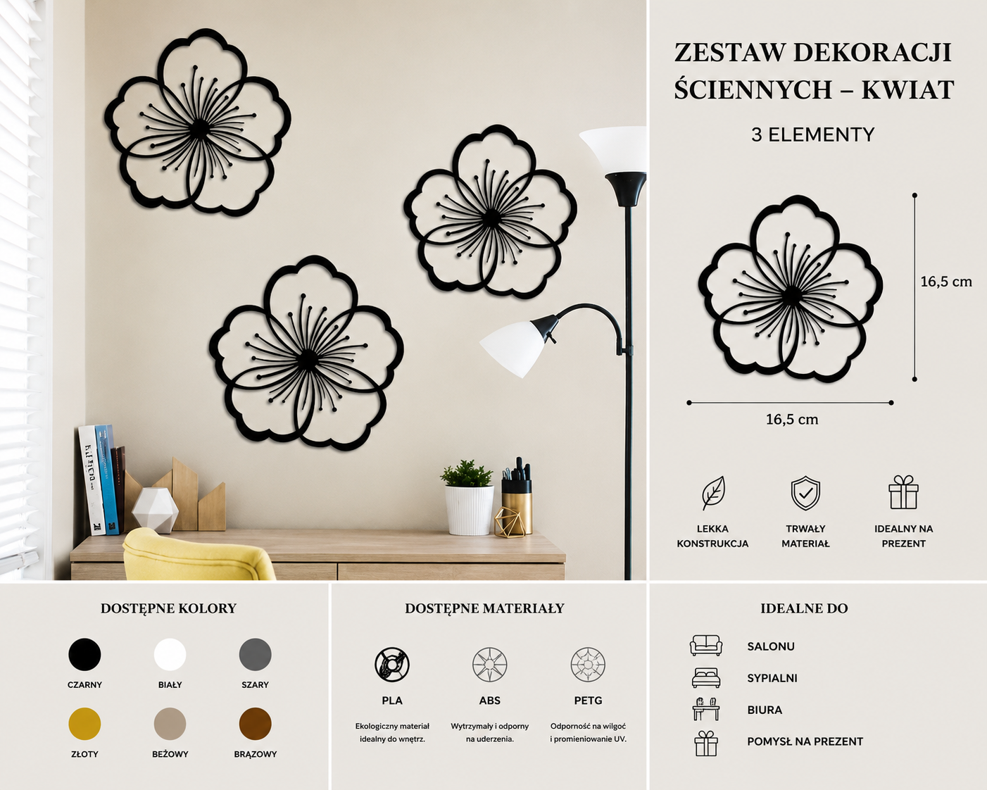 Zestaw dekoracji ściennych – Kwiaty (3 elementy)