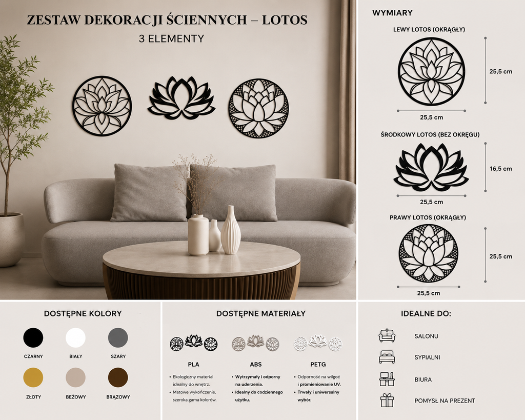 Zestaw dekoracji ściennych – Kwiat Lotosu (3 elementy)